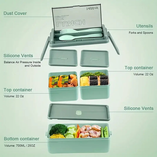 1pc 2-Tier Bento Box With 3 Compartments With Large Capacity, Lunch Box With Spoon And Fork, suitable for Microwave and Dishwasher Safe (Lid Can't)