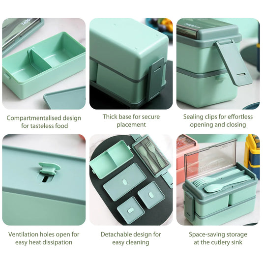 1pc 2-Tier Bento Box With 3 Compartments With Large Capacity, Lunch Box With Spoon And Fork, suitable for Microwave and Dishwasher Safe (Lid Can't)