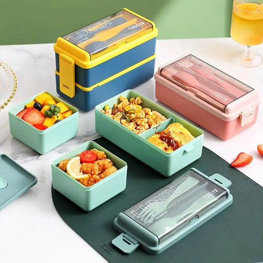1pc 2-Tier Bento Box With 3 Compartments With Large Capacity, Lunch Box With Spoon And Fork, suitable for Microwave and Dishwasher Safe (Lid Can't)