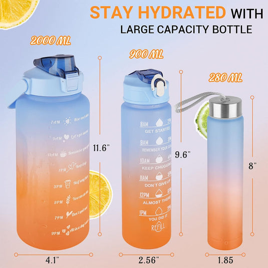 3 Pack Water Bottles Set with 2L Large Bottle 900ML Portable Bottle and 500ML Mini Bottle