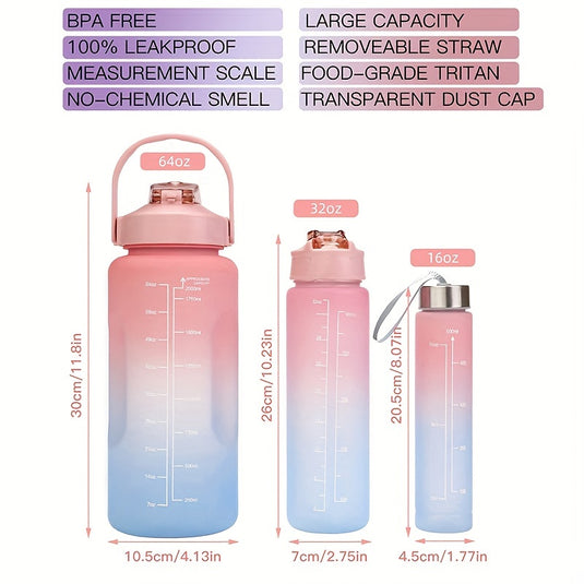 3 Pack Water Bottles Set with 2L Large Bottle 900ML Portable Bottle and 500ML Mini Bottle