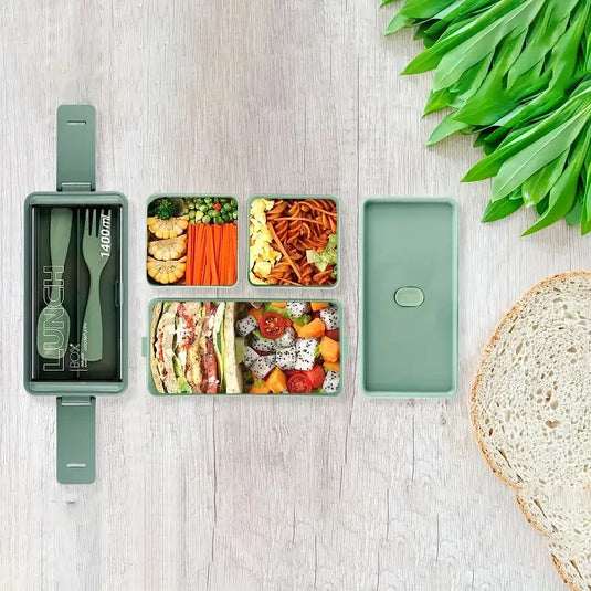 1pc 2-Tier Bento Box With 3 Compartments With Large Capacity, Lunch Box With Spoon And Fork, suitable for Microwave and Dishwasher Safe (Lid Can't)